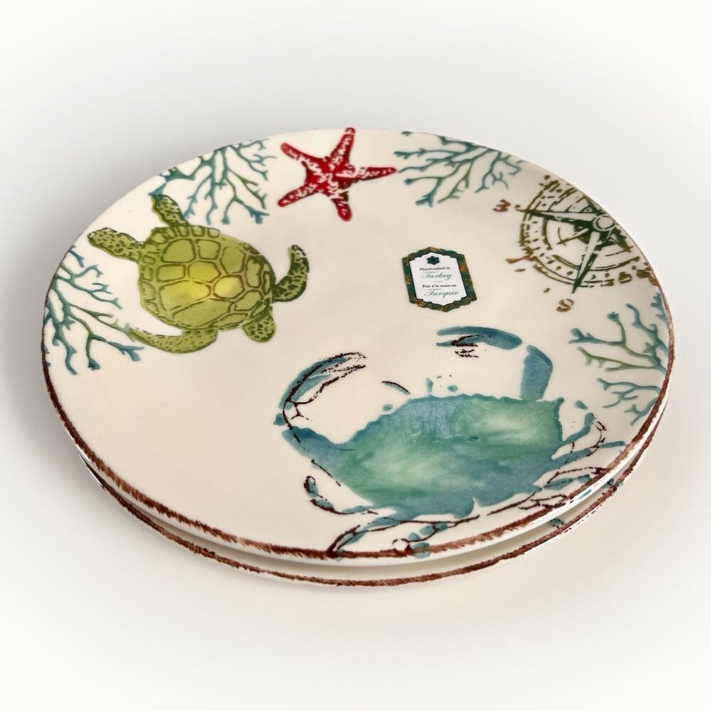 TWO Papart Ceramic Handpainted Coastal Turtle Crab Starfish 10.75" Dinner Plates
